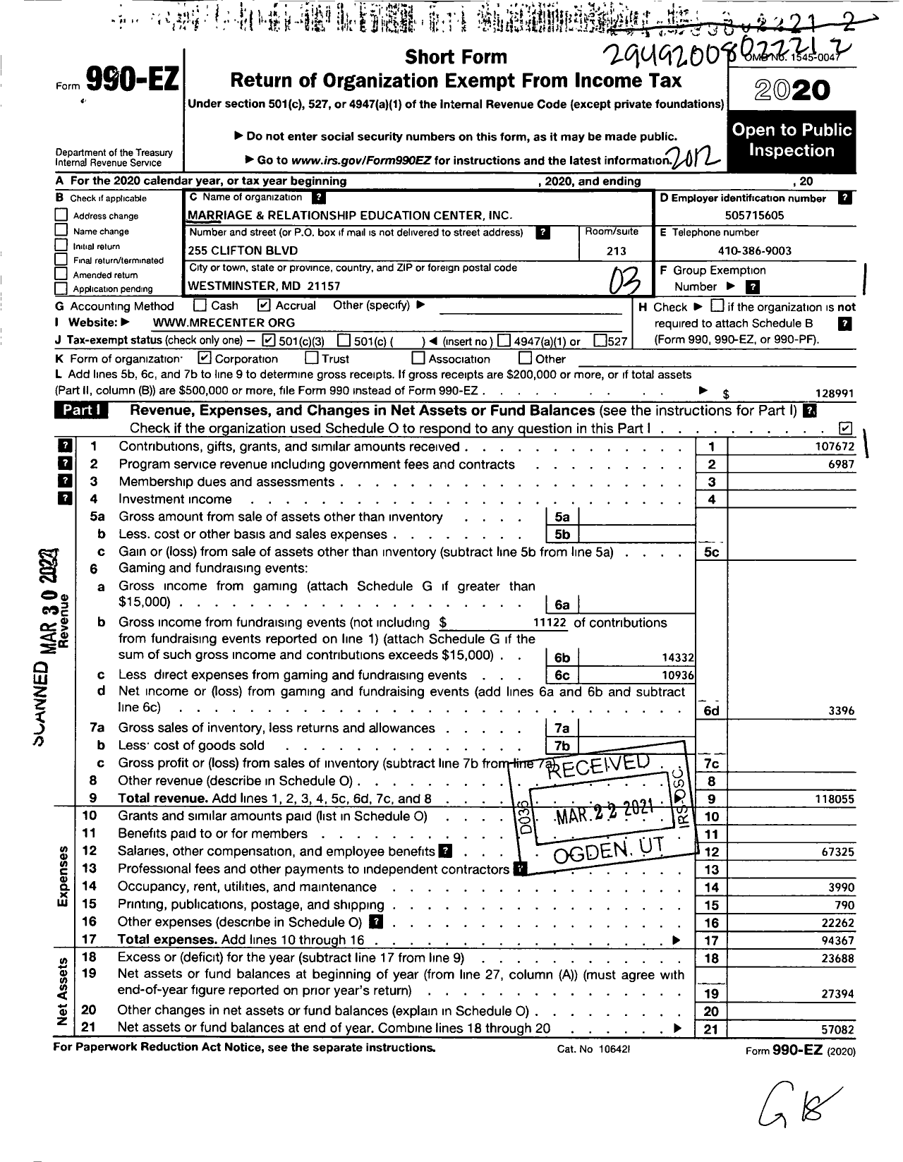 Image of first page of 2020 Form 990EZ for Marriage and Relationship Education Center (MREC)