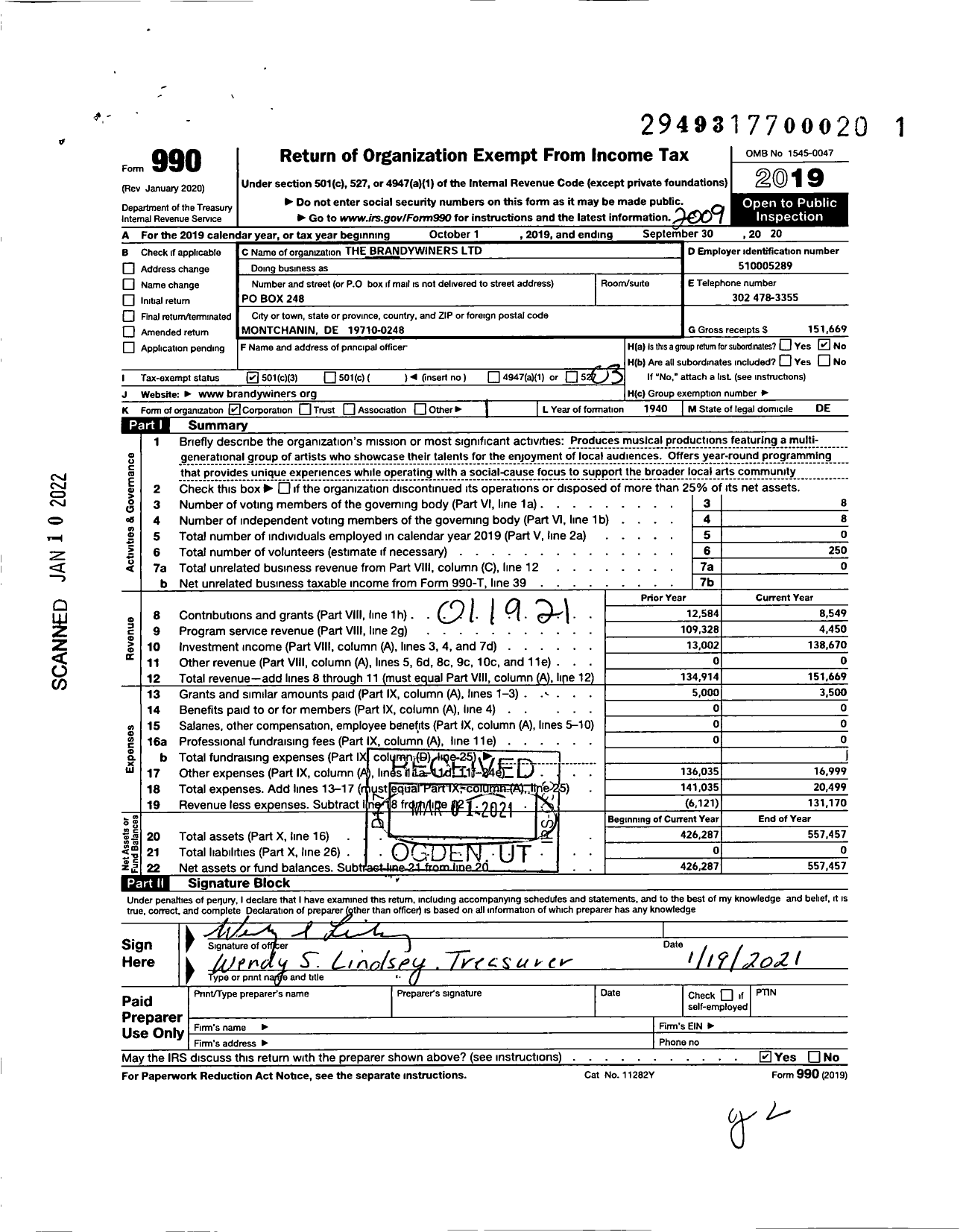 Image of first page of 2019 Form 990 for Brandywiners