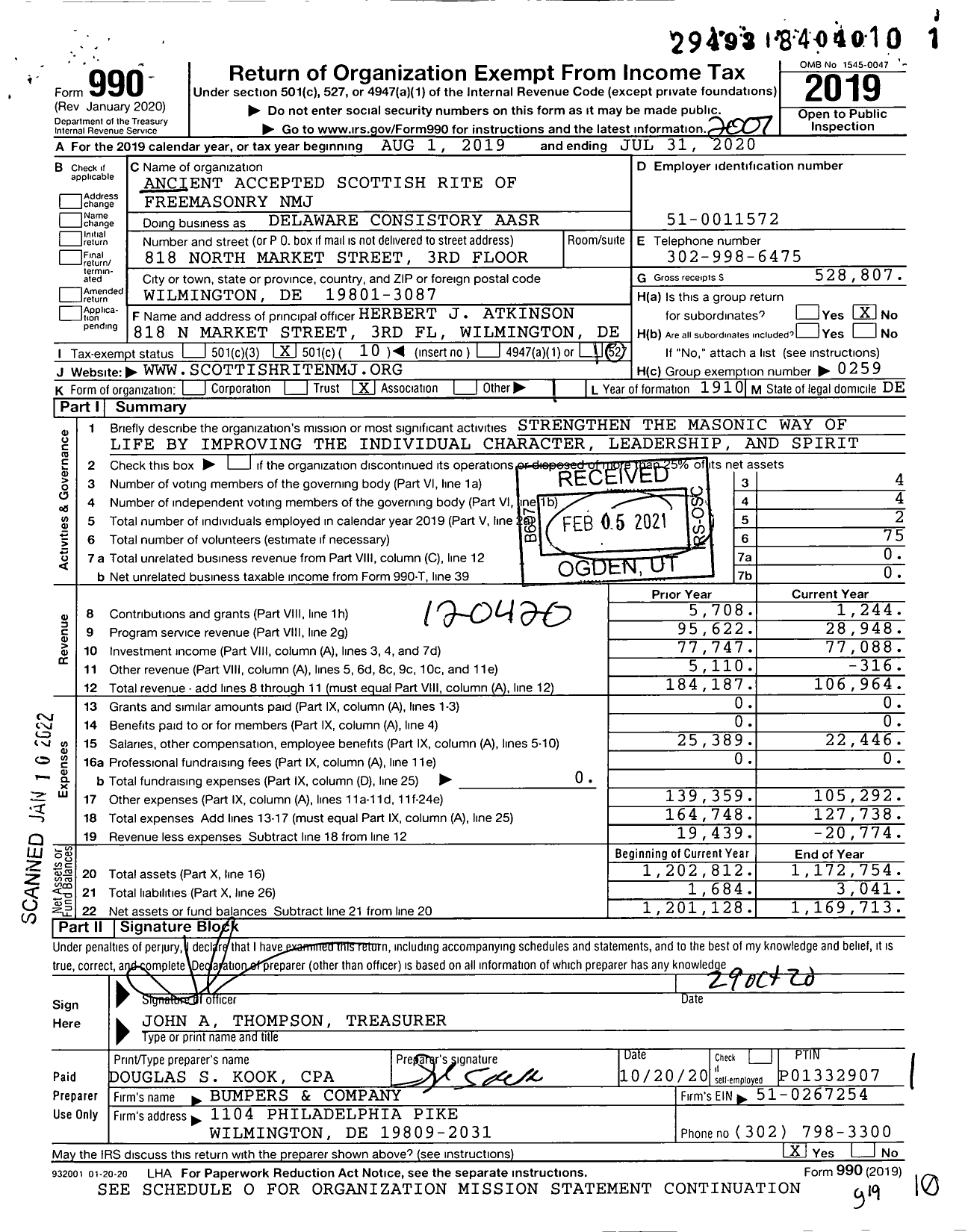 Image of first page of 2019 Form 990O for Scottish Rite, NMJ - Valley of Wilmington