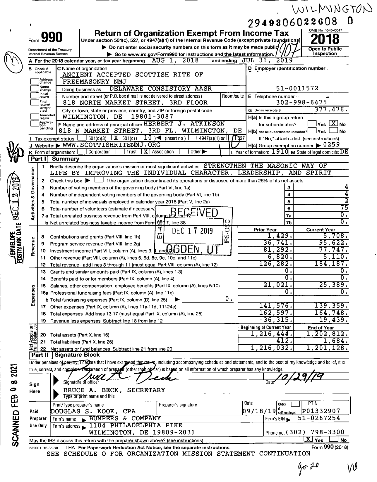 Image of first page of 2018 Form 990O for Scottish Rite, NMJ - Valley of Wilmington