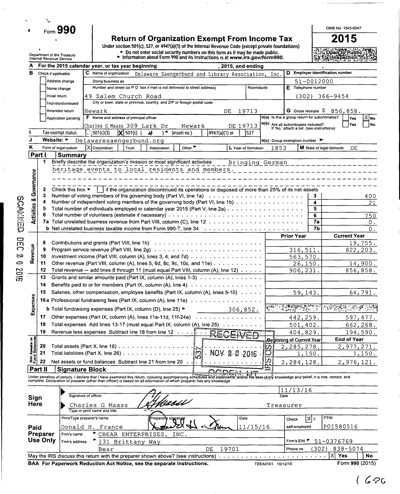 Image of first page of 2015 Form 990O for Delaware Saengerbund and Library Association