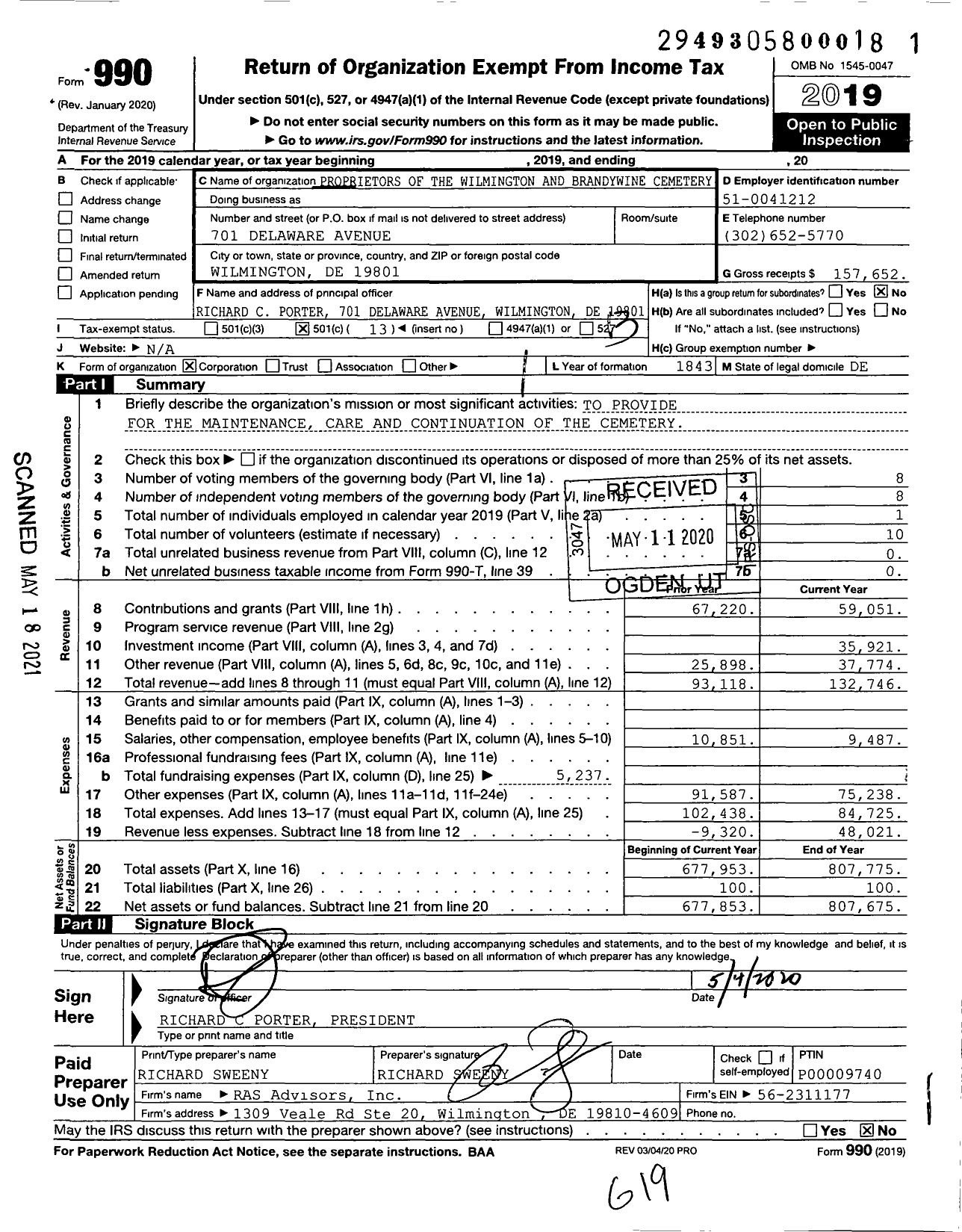 Image of first page of 2019 Form 990O for Proprietors of the Wilmington and Brandywine Cemetery