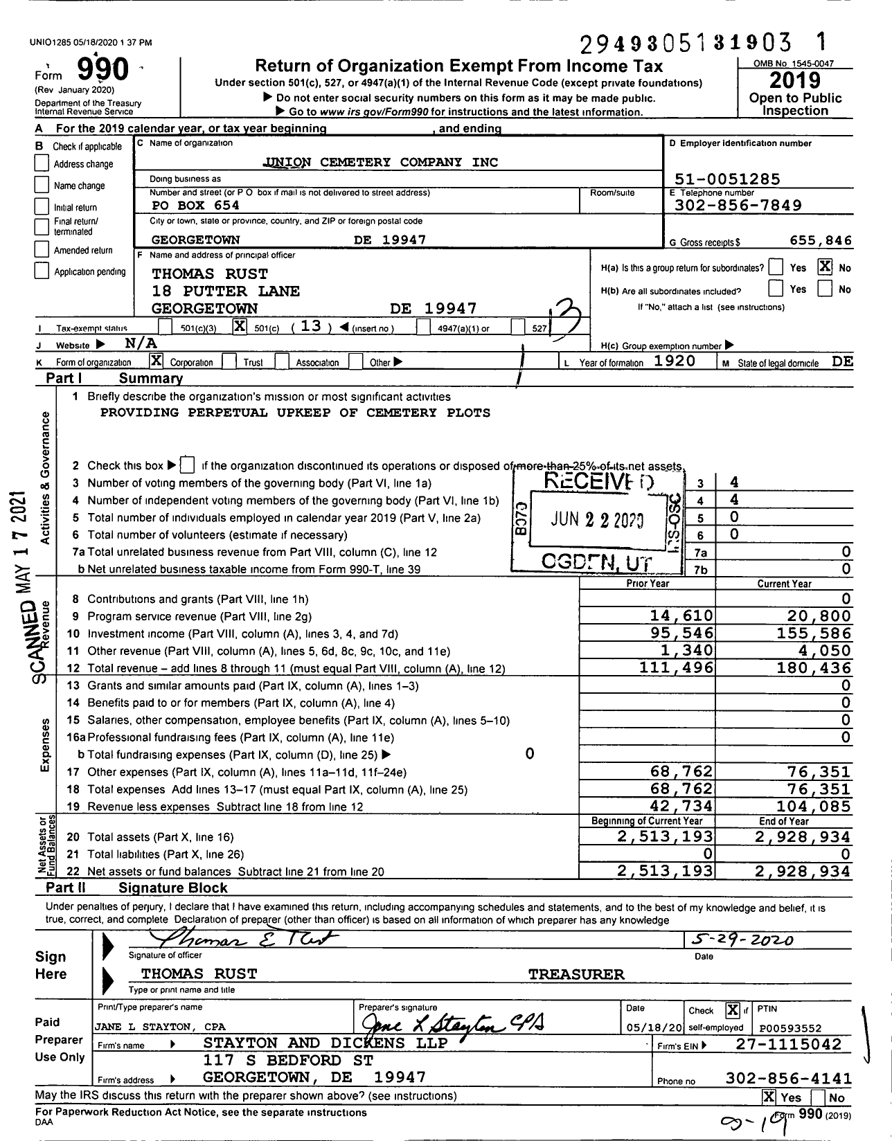 Image of first page of 2019 Form 990O for Union Cemetery Company