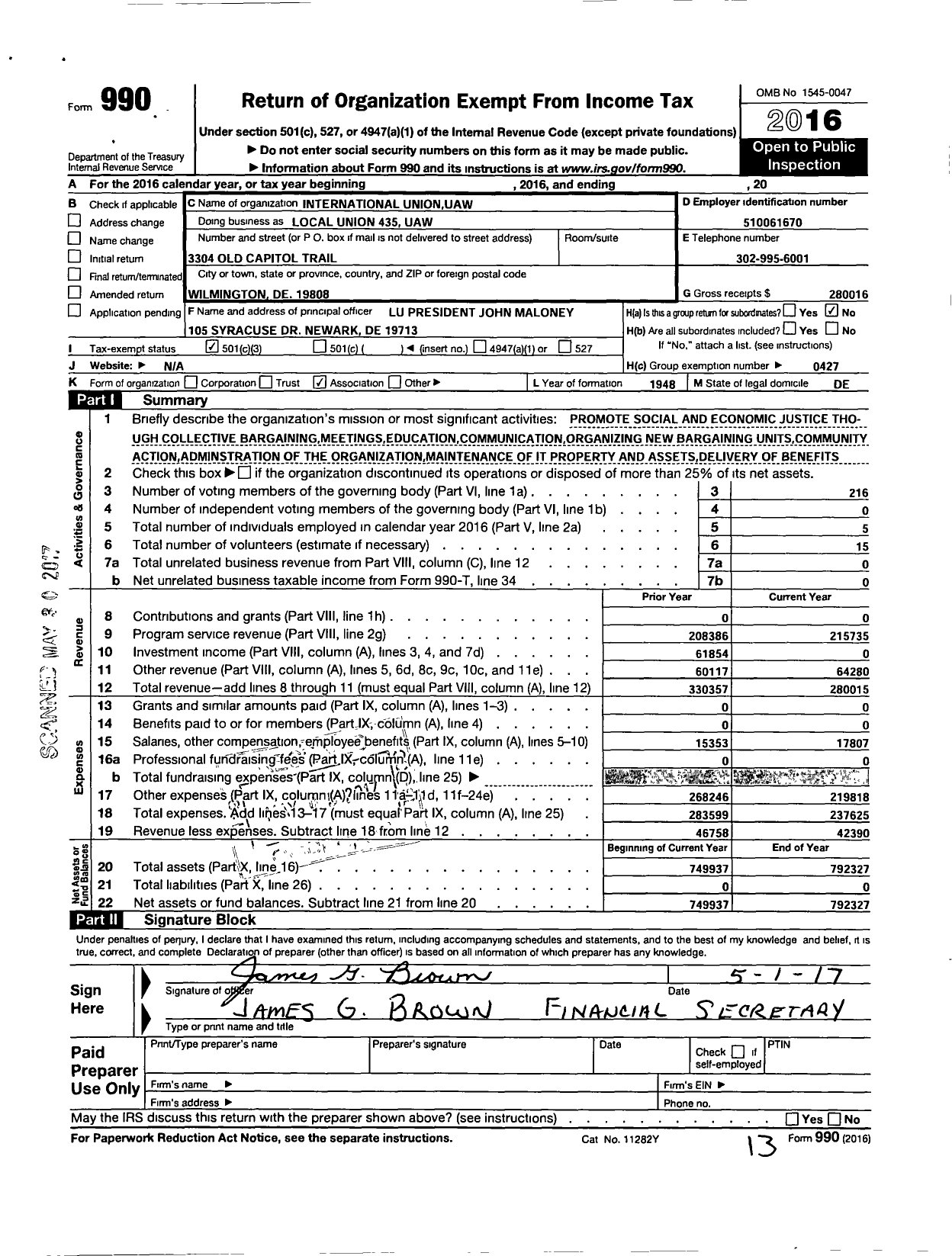 Image of first page of 2016 Form 990 for Uaw - Local Union 435 Uaw