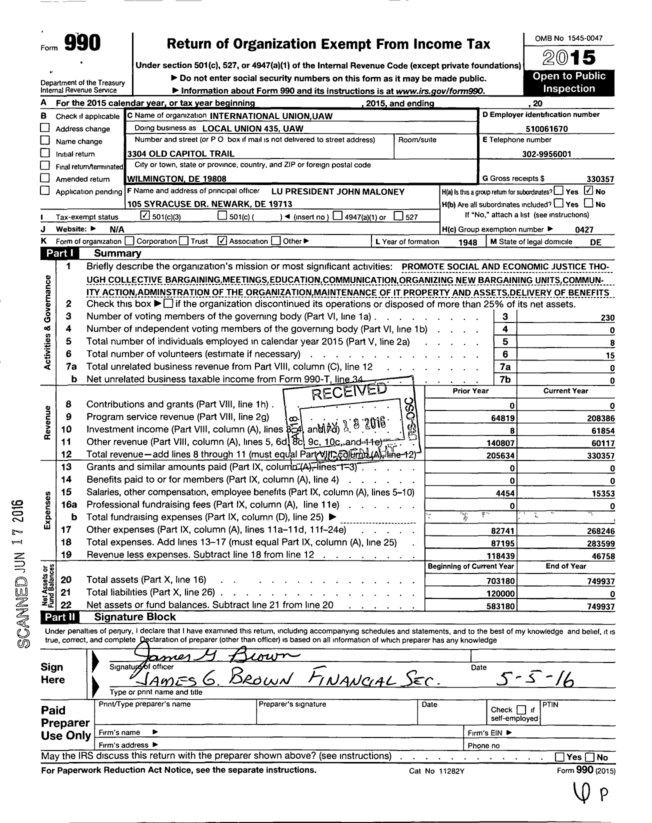 Image of first page of 2015 Form 990 for Uaw - Local Union 435 Uaw