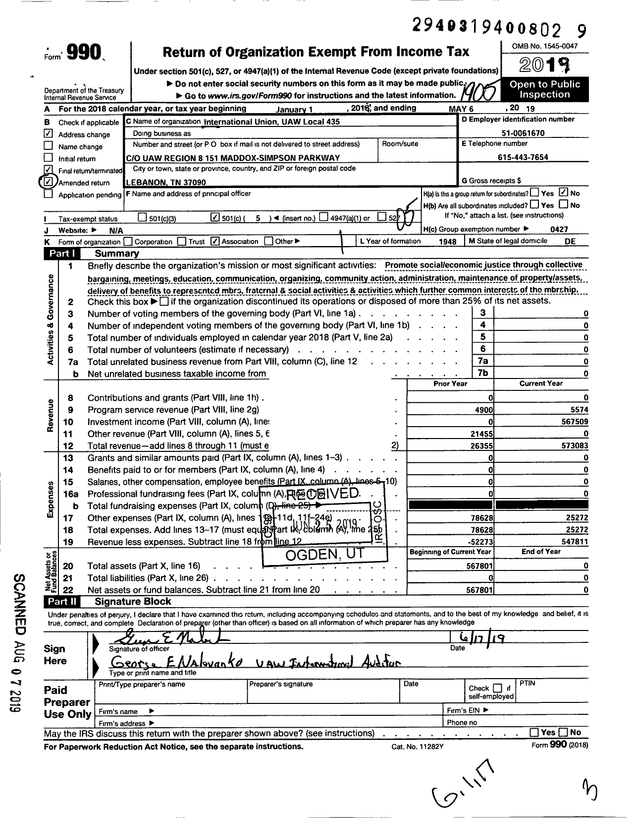 Image of first page of 2018 Form 990O for Uaw - Local Union 435 Uaw