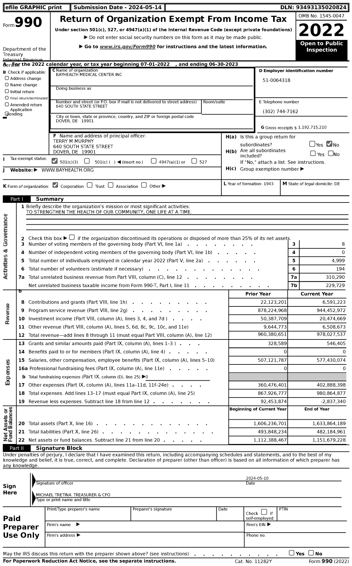 Image of first page of 2022 Form 990 for Bayhealth