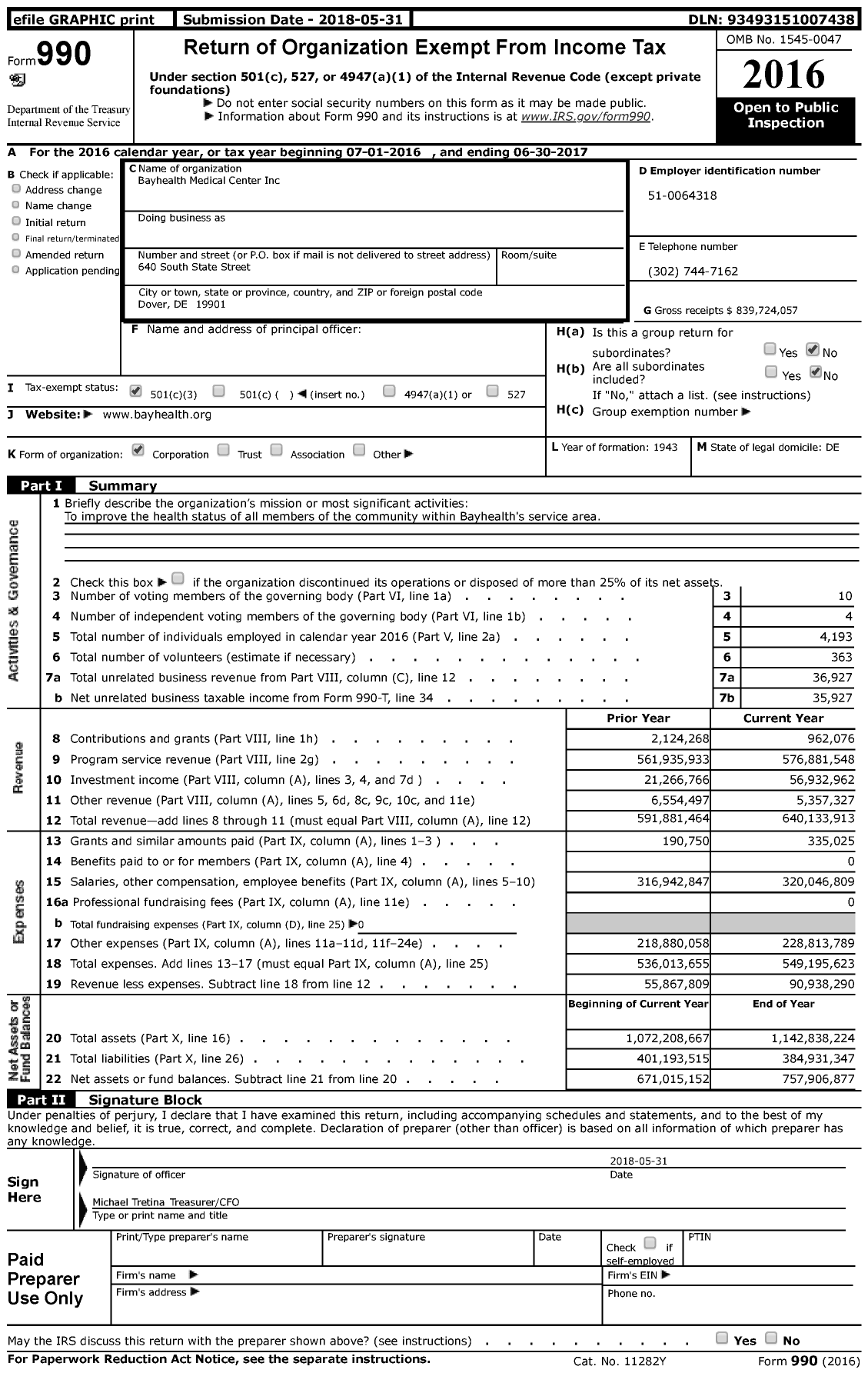Image of first page of 2016 Form 990 for Bayhealth Medical Center