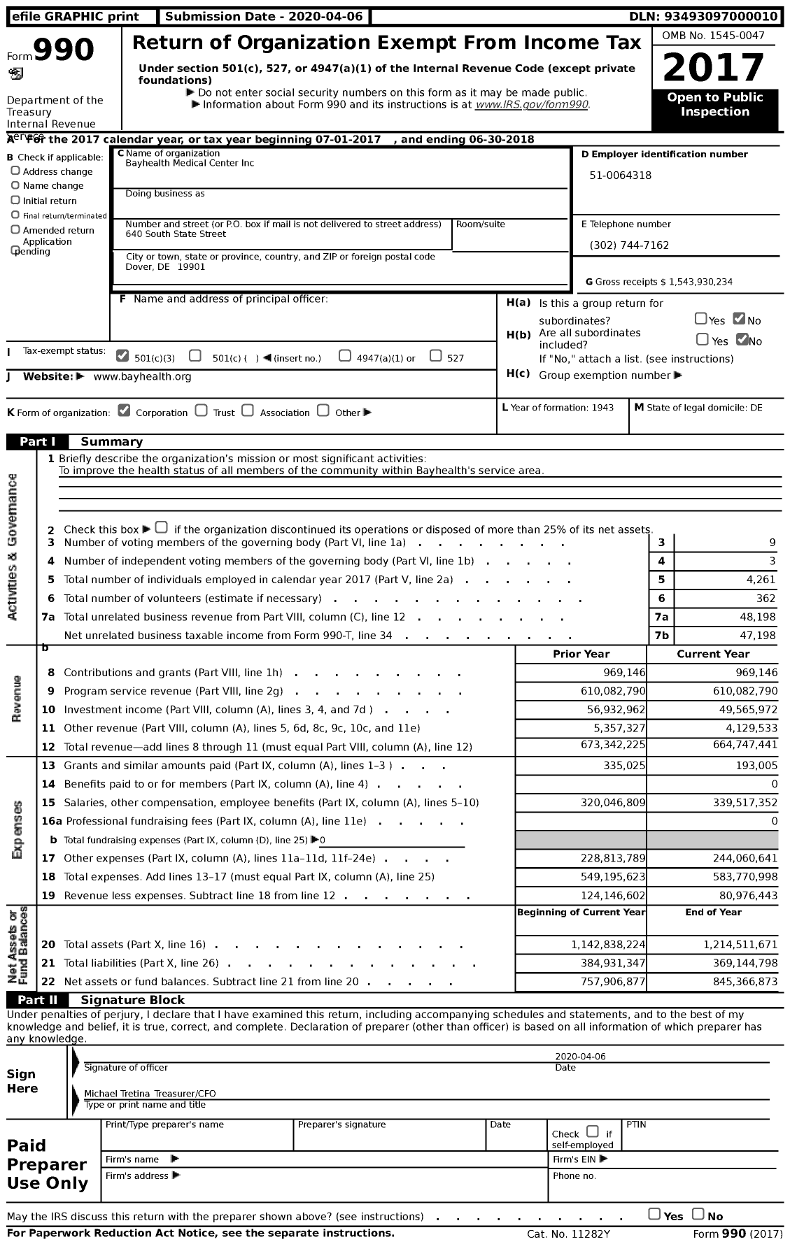 Image of first page of 2017 Form 990 for Bayhealth Medical Center