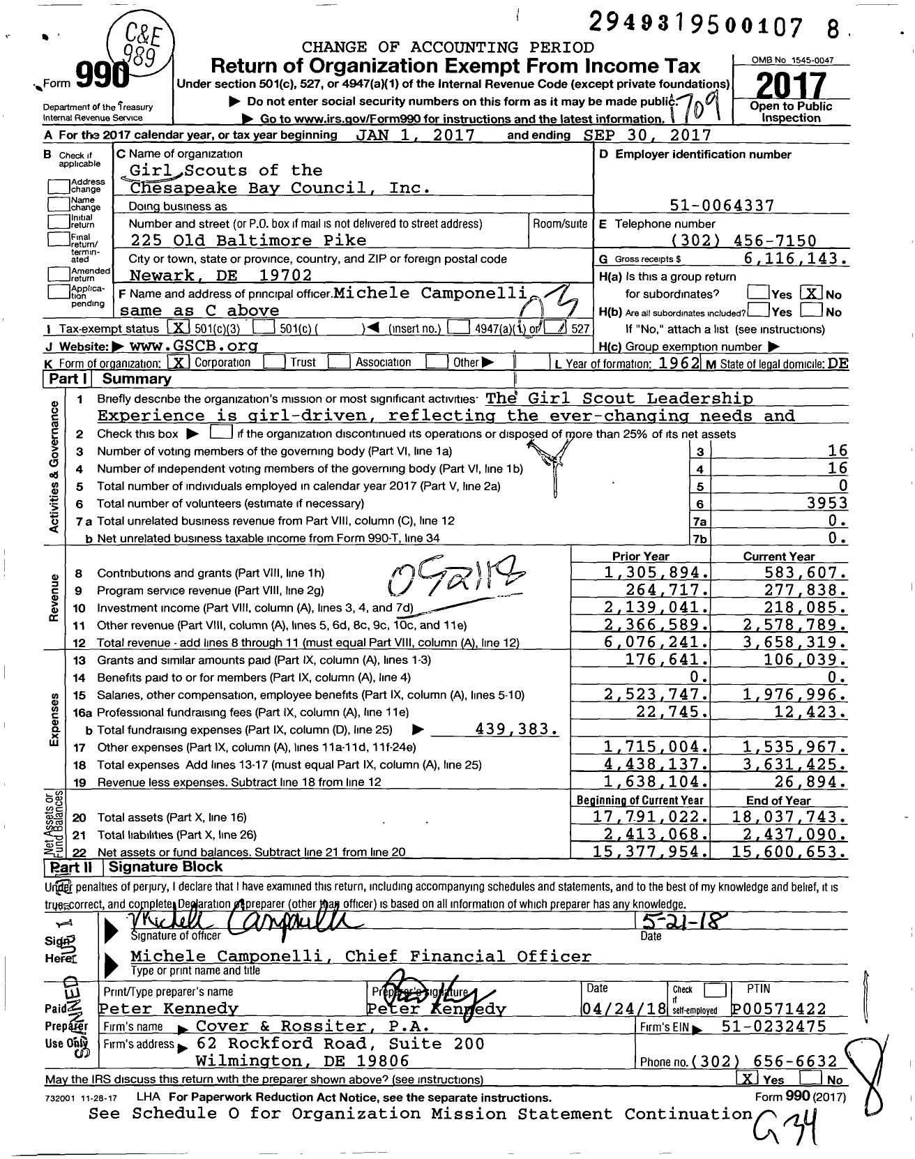 Image of first page of 2016 Form 990 for Girl Scouts of Chesapeake Bay Council (GSCB)