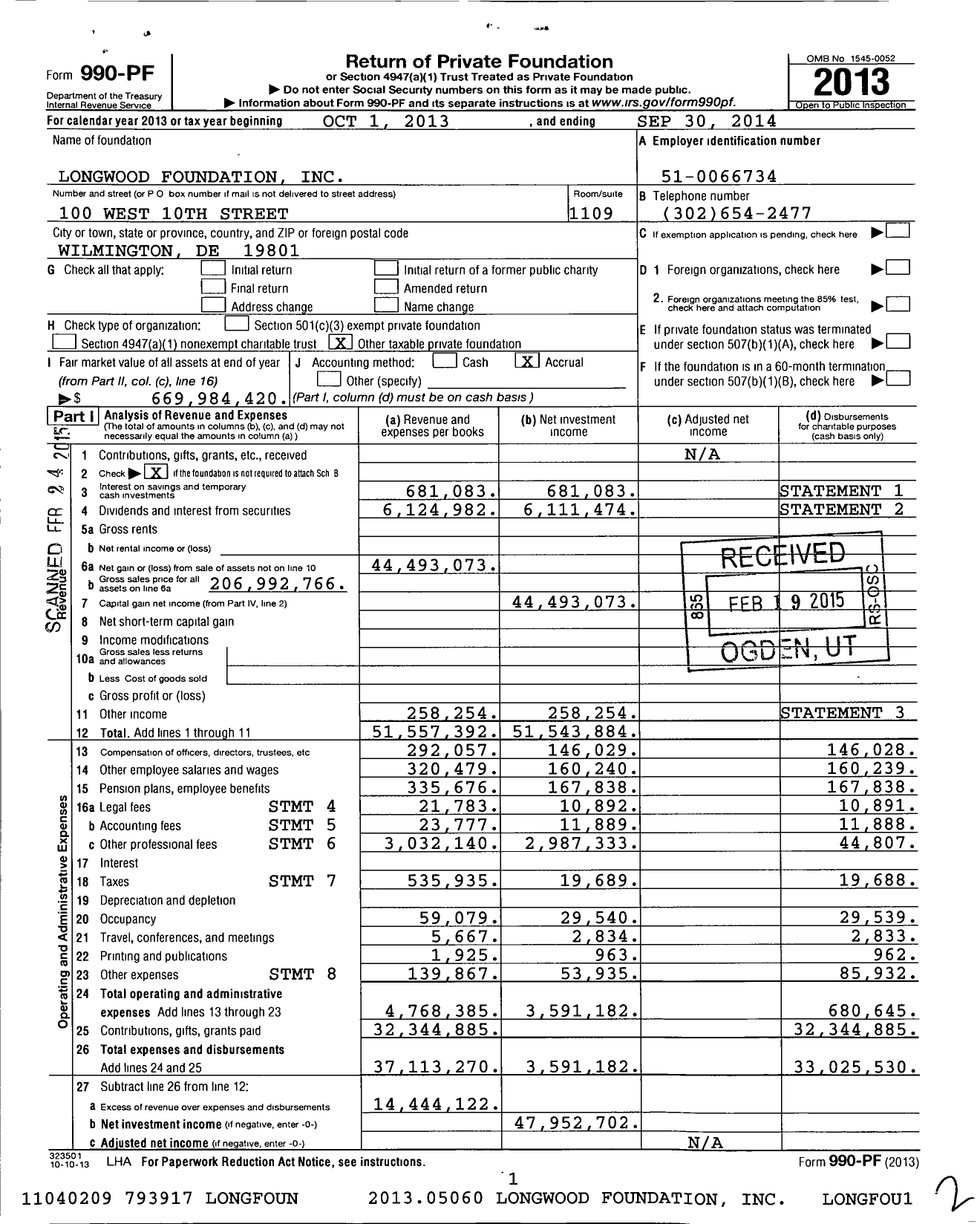 Image of first page of 2013 Form 990PF for Longwood Foundation (LF)