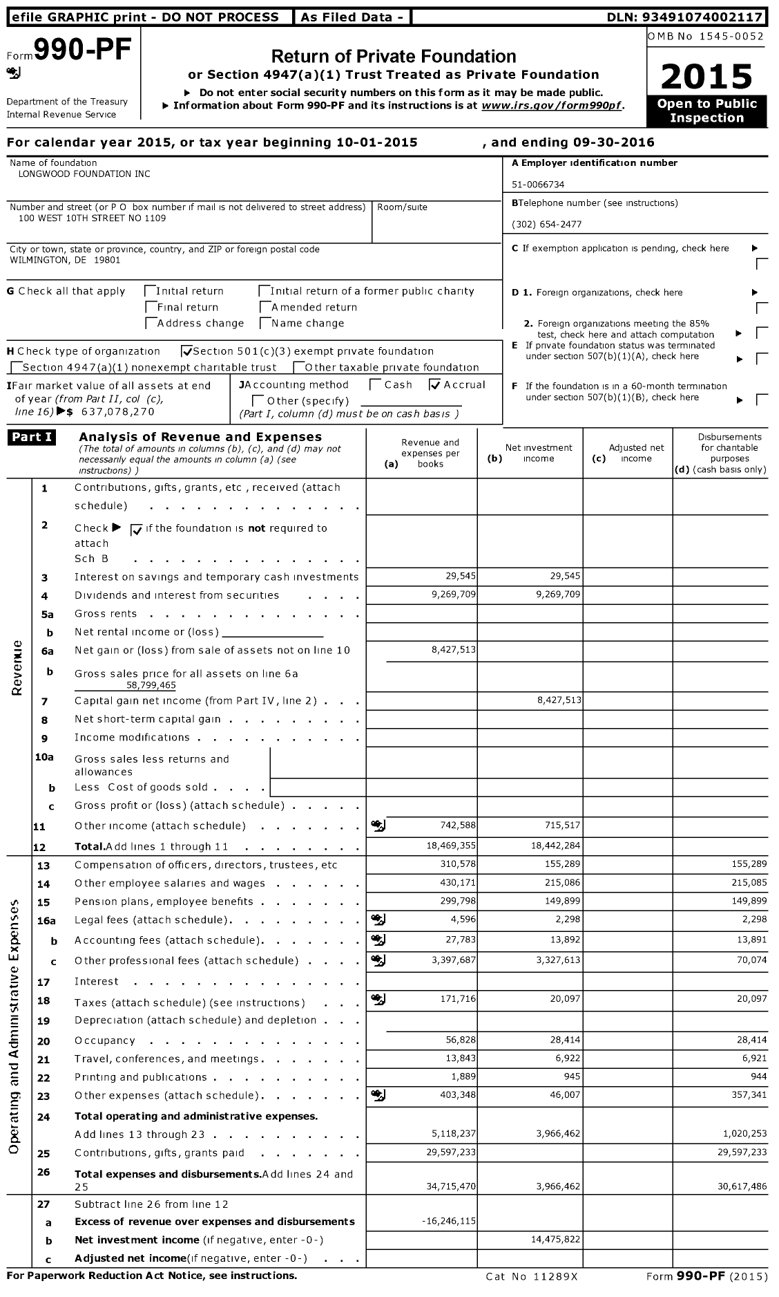 Image of first page of 2015 Form 990PF for Longwood Foundation (LF)