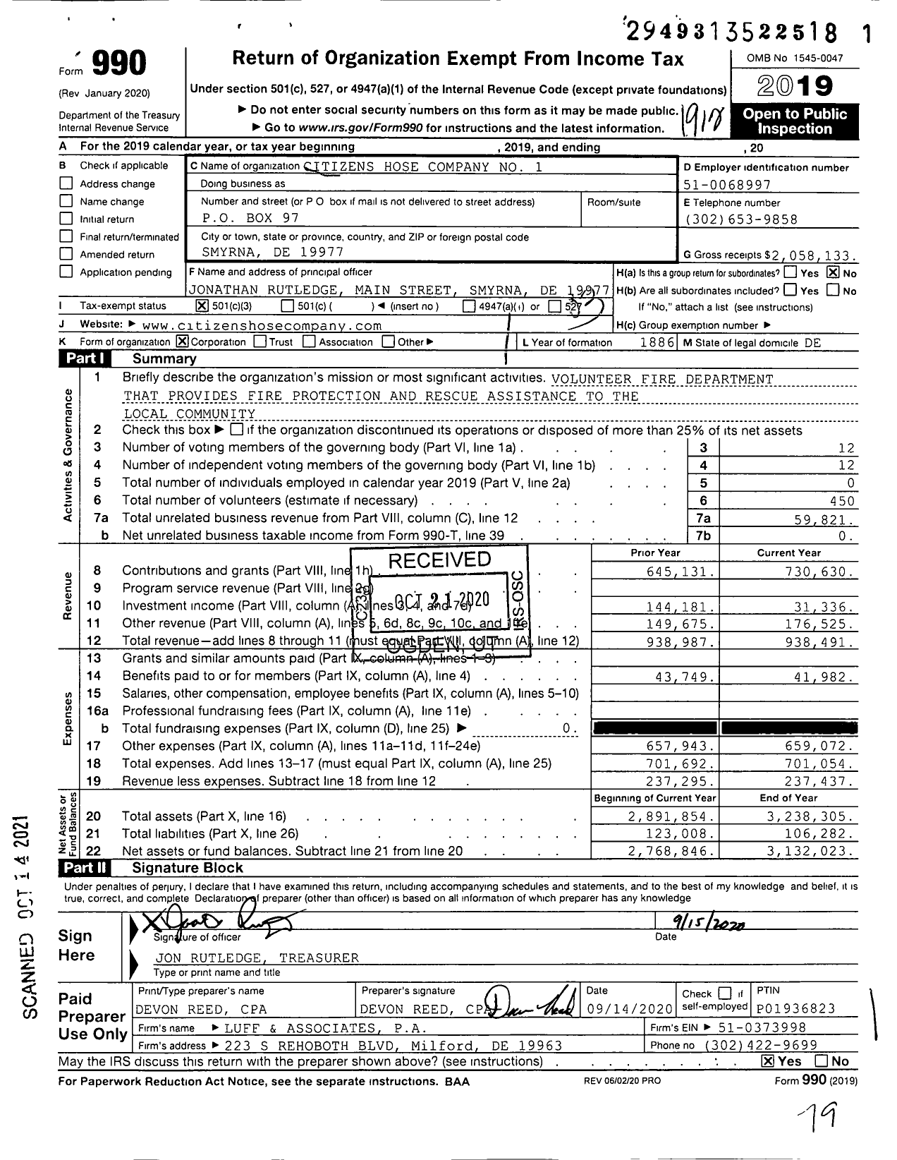 Image of first page of 2019 Form 990 for Citizens Hose Company No 1