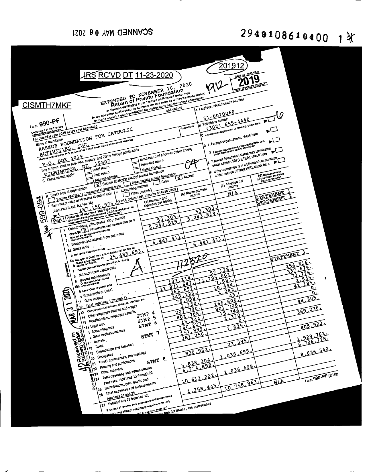 Image of first page of 2019 Form 990PF for Raskob Foundation for Catholic Activities (RFCA)