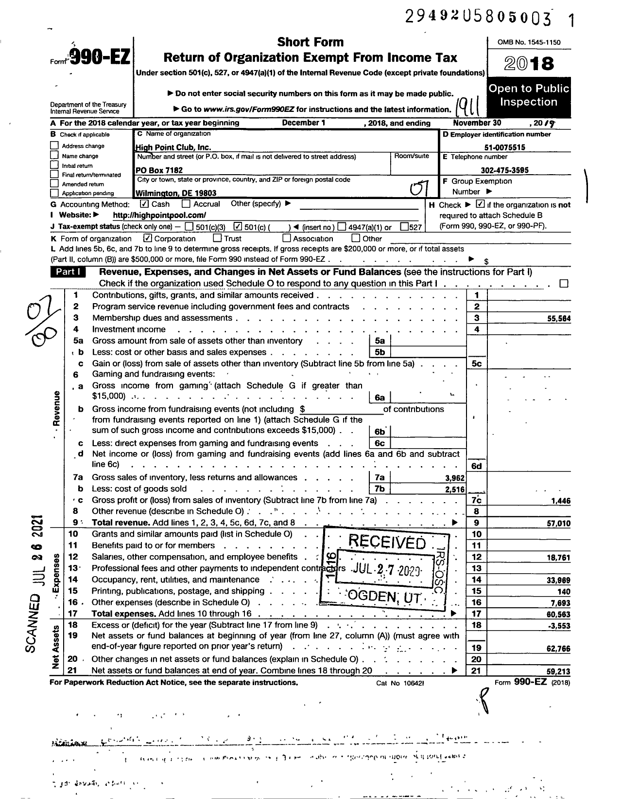 Image of first page of 2018 Form 990EO for High Point Swim Club