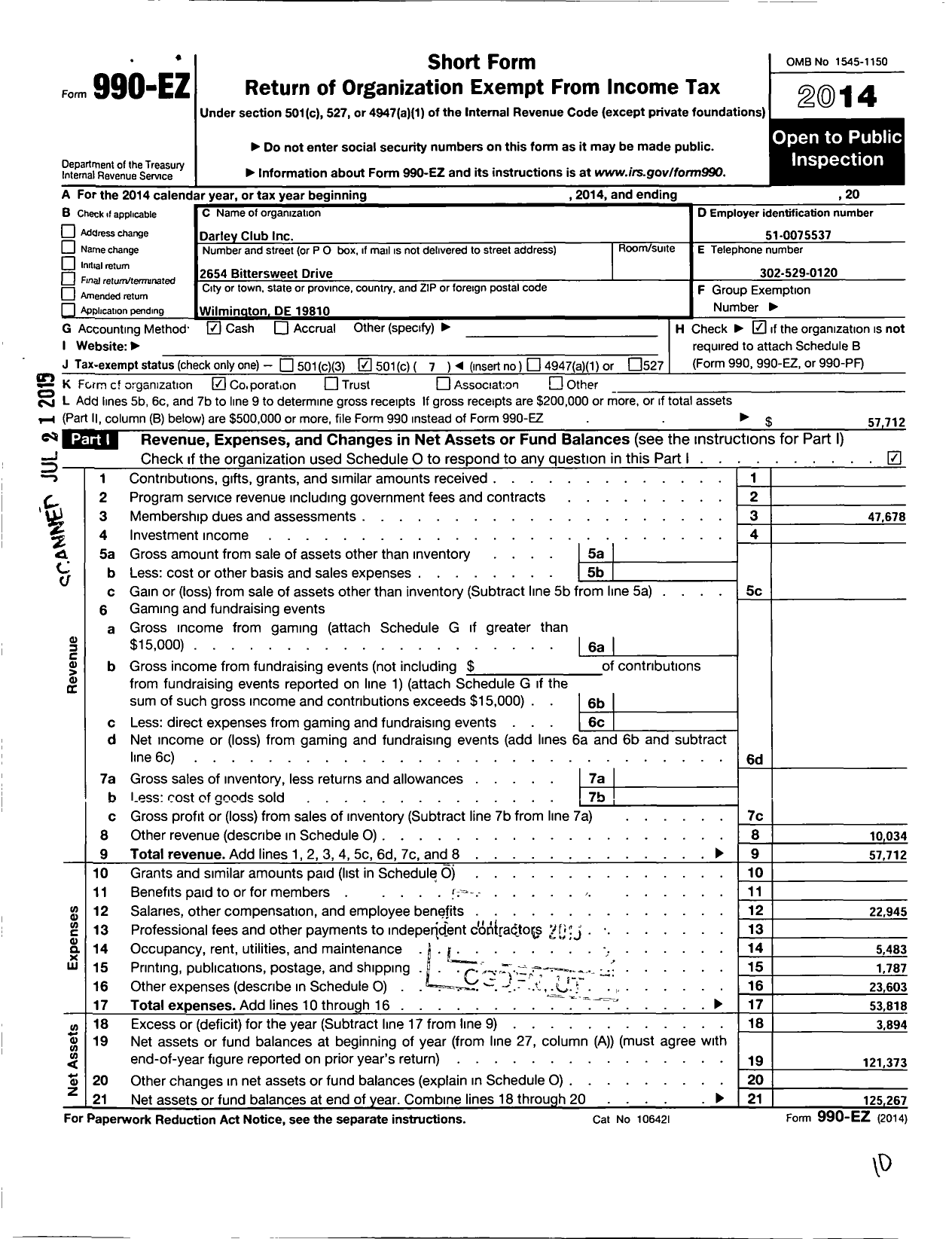 Image of first page of 2014 Form 990EO for Darley Club