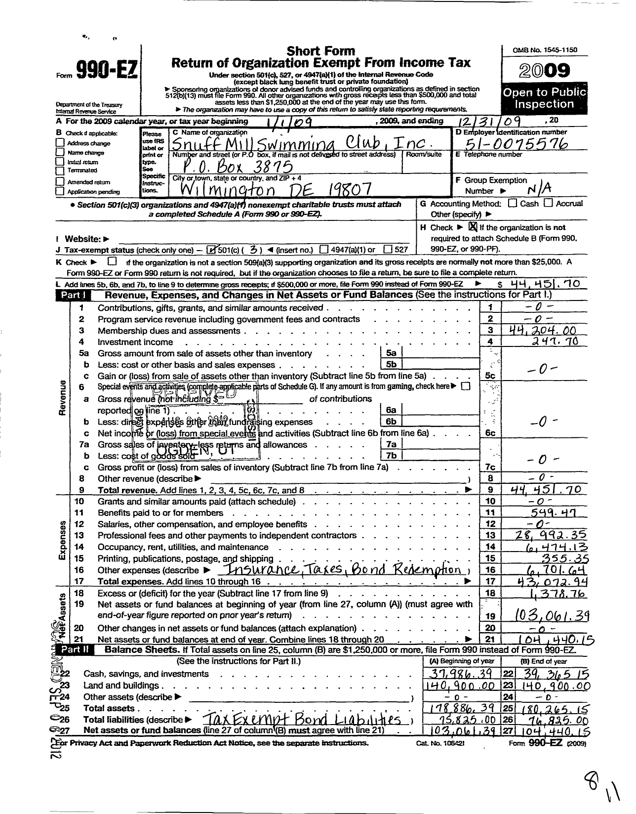 Image of first page of 2009 Form 990EZ for Snuff Mill Swimming Club