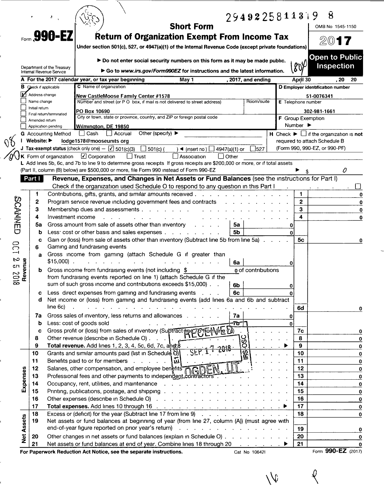 Image of first page of 2017 Form 990EO for Loyal Order of Moose - Fraternal Organization / Fraternal Organization