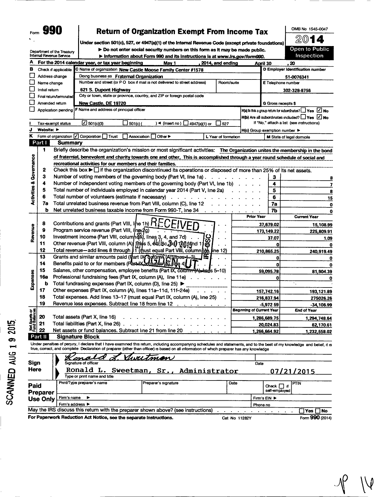 Image of first page of 2013 Form 990 for Loyal Order of Moose - Fraternal Organization / Fraternal Organization