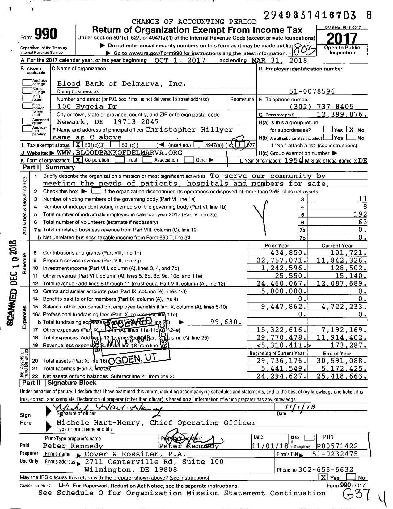 Image of first page of 2017 Form 990 for Blood Bank of Delmarva