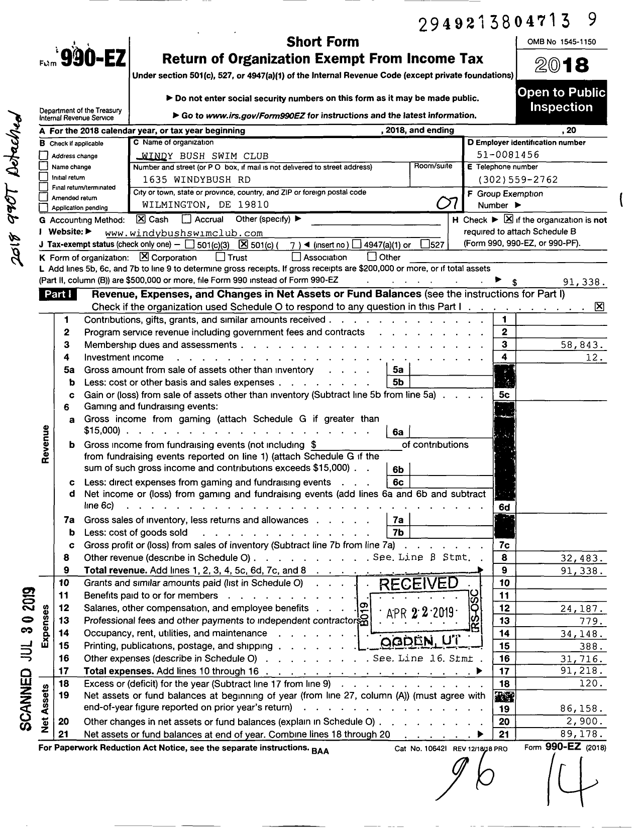 Image of first page of 2018 Form 990EO for Windybush Club