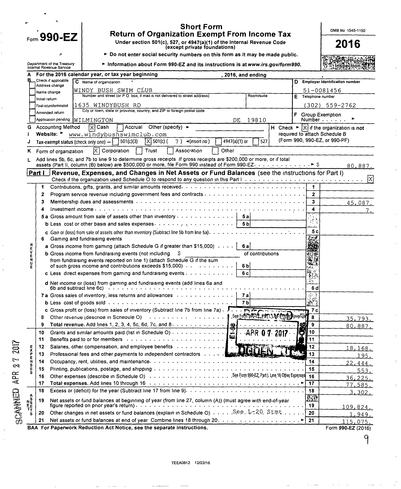 Image of first page of 2016 Form 990EO for Windybush Club