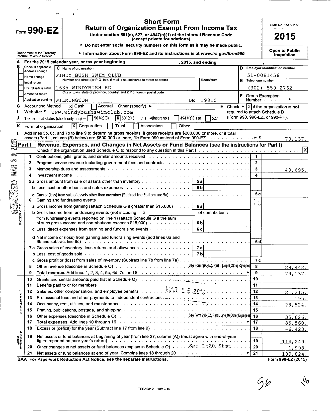 Image of first page of 2015 Form 990EO for Windybush Club