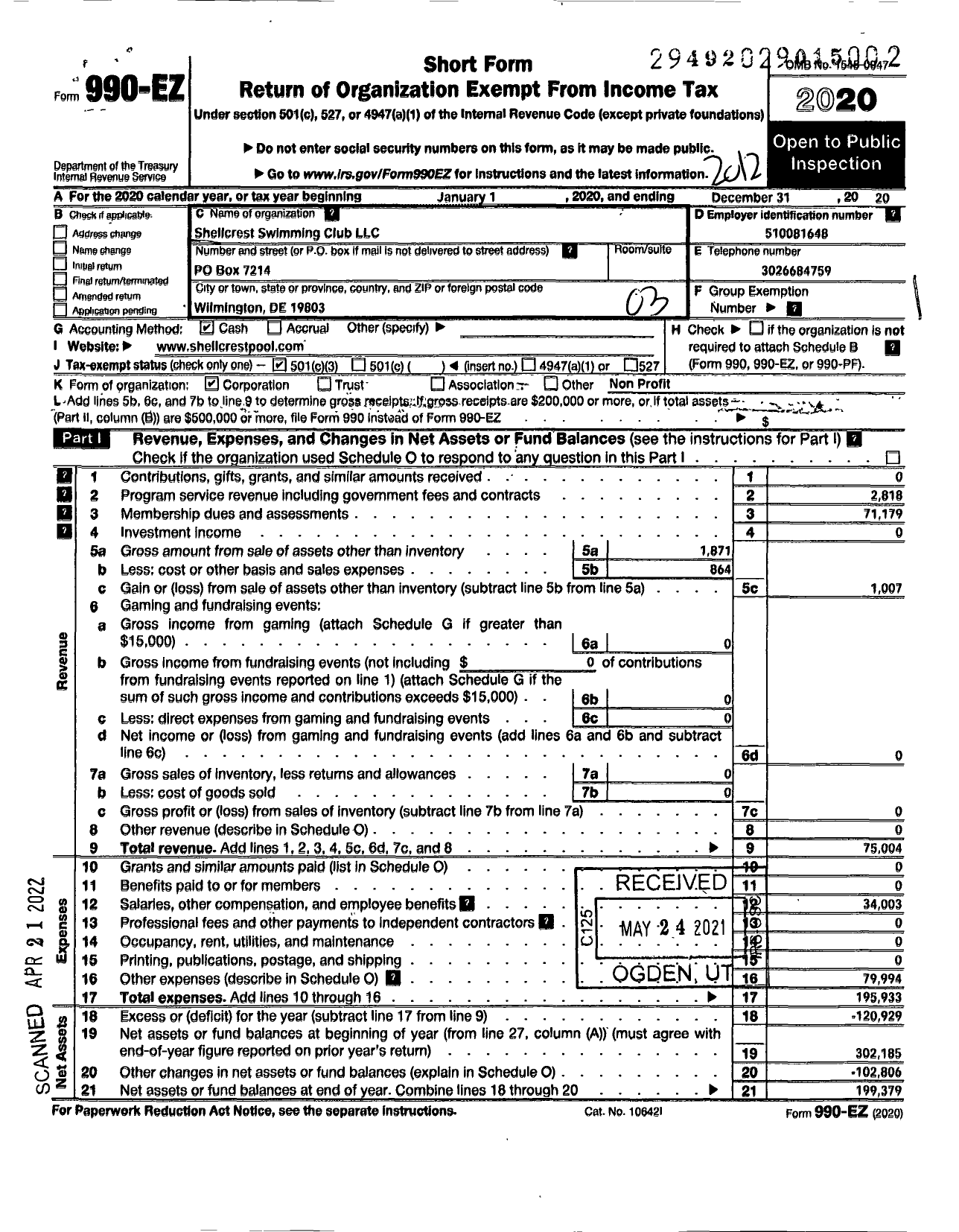 Image of first page of 2020 Form 990EZ for Shellcrest Swimming Club