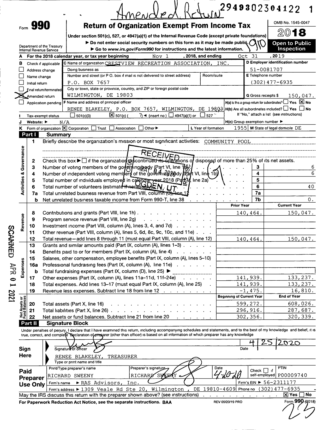 Image of first page of 2018 Form 990O for Crestview Recreation Association