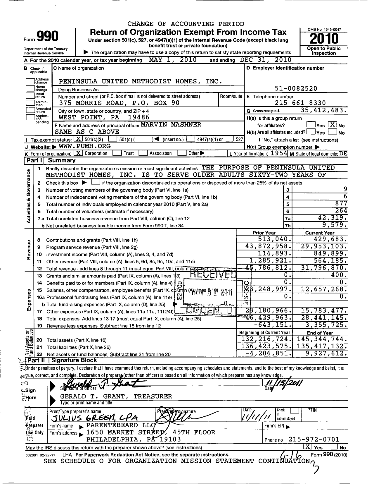Image of first page of 2010 Form 990 for Peninsula United Methodist Homes