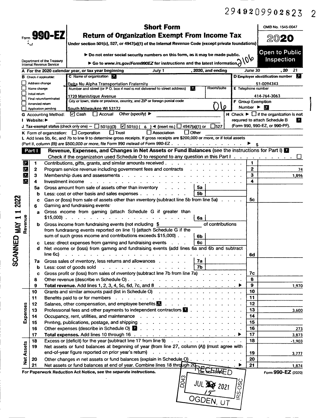 Image of first page of 2020 Form 990EO for Delta Nu Alpha Transportation Fraternity