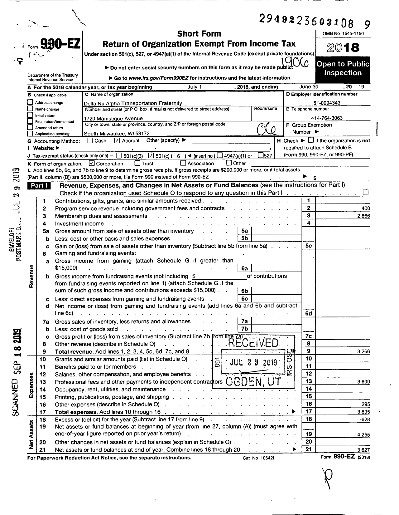 Image of first page of 2018 Form 990EO for Delta Nu Alpha Transportation Fraternity