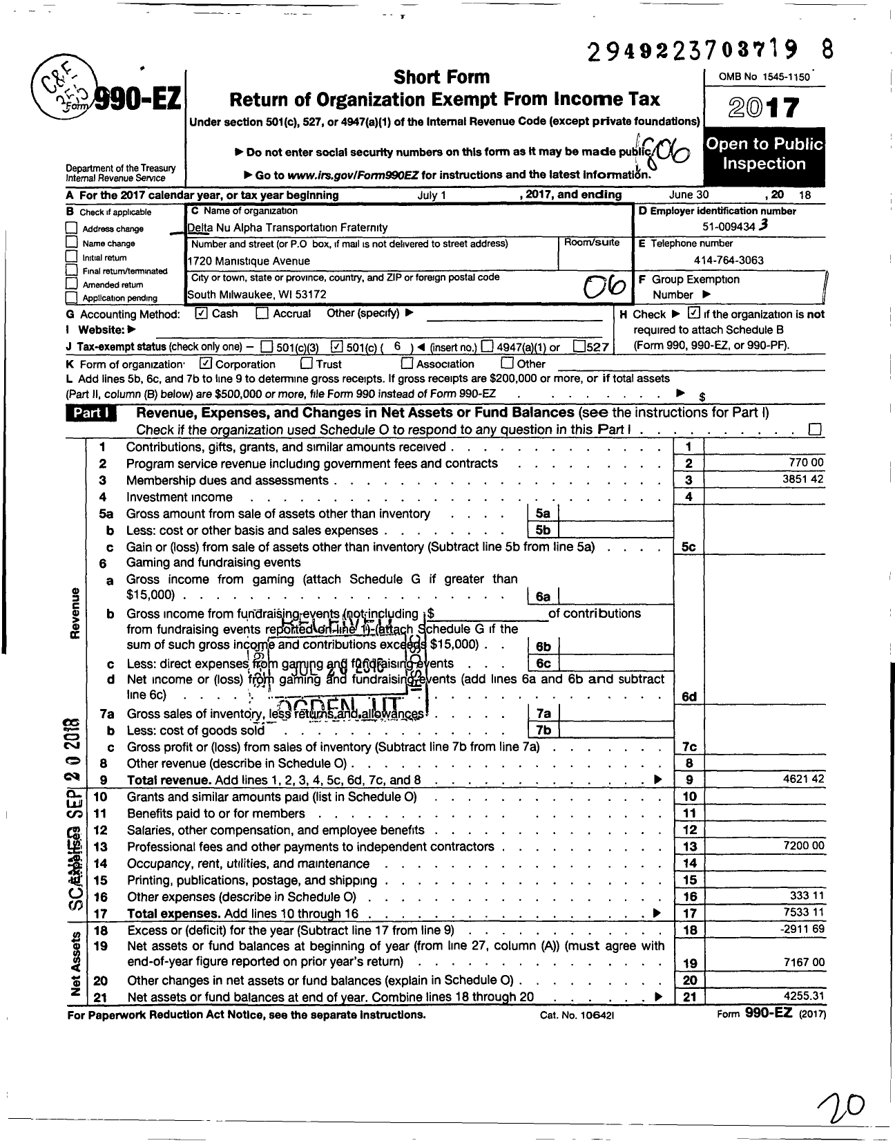 Image of first page of 2017 Form 990EO for Delta Nu Alpha Transportation Fraternity