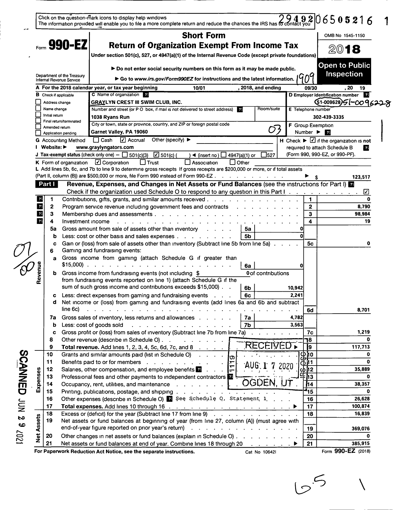 Image of first page of 2018 Form 990EO for Graylyn Crest Swim Club