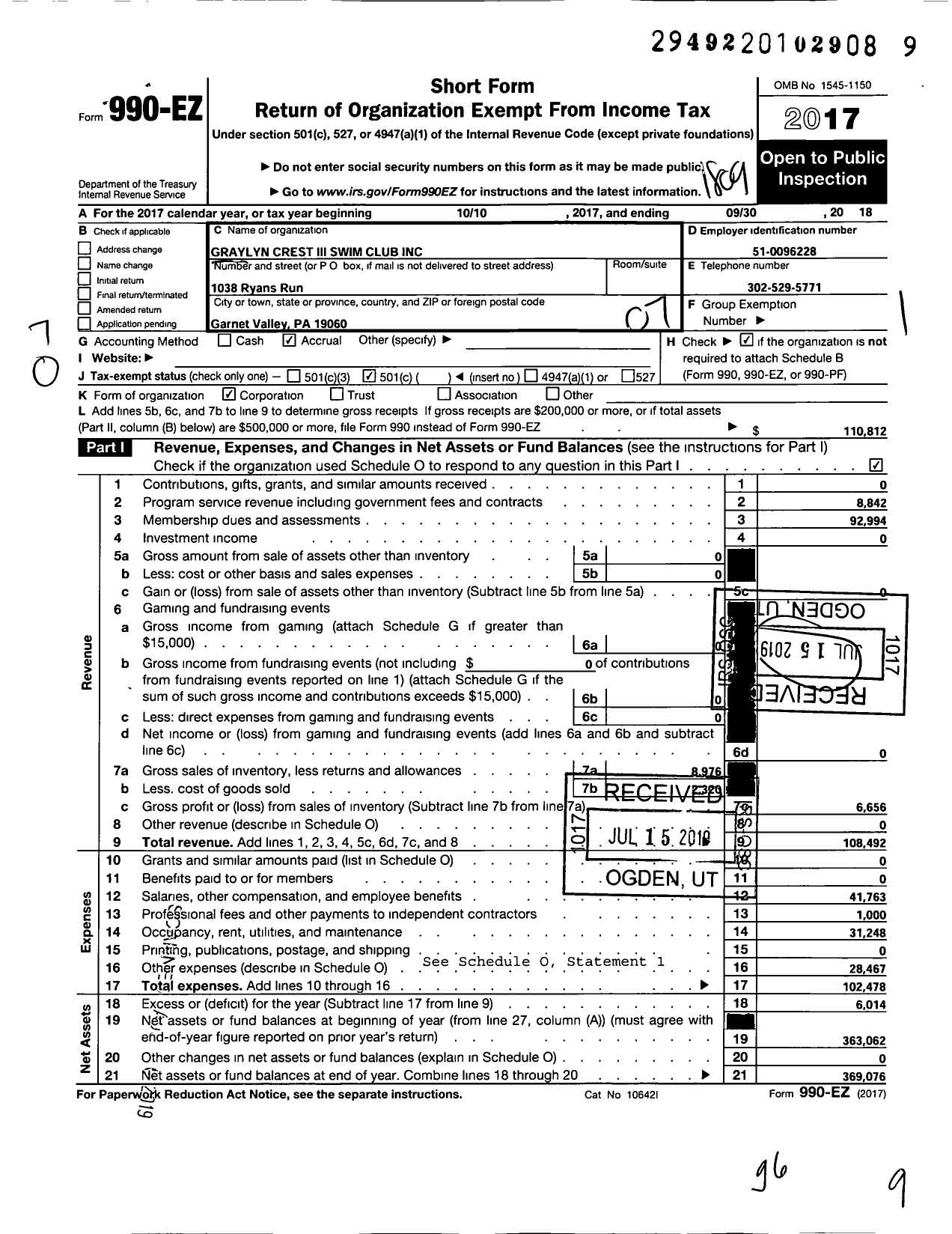 Image of first page of 2017 Form 990EO for Graylyn Crest Swim Club