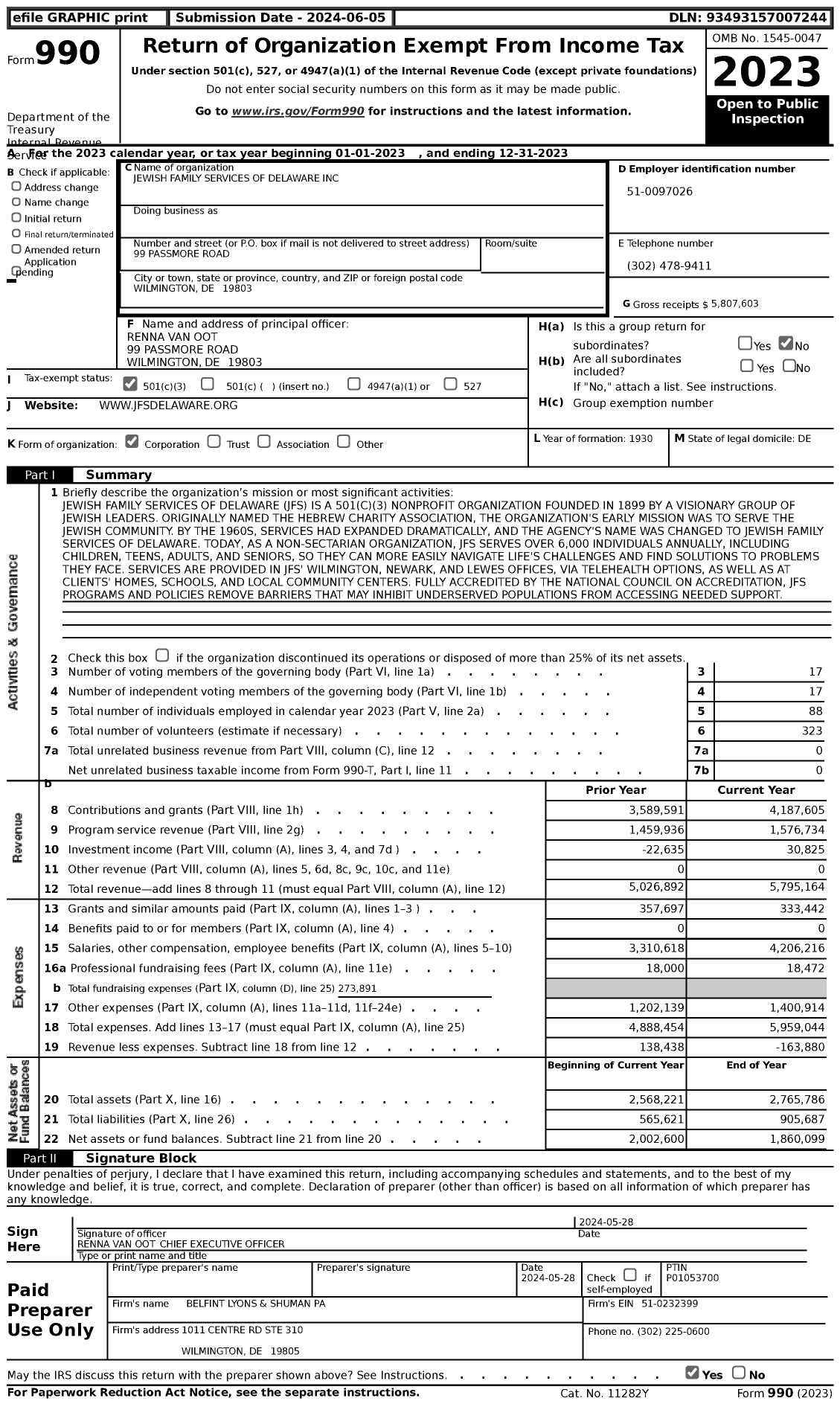 Image of first page of 2023 Form 990 for Jewish Family Services of Delaware