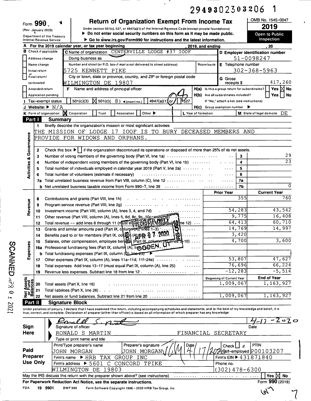 Image of first page of 2019 Form 990O for Independent Order of Odd Fellows - Centerville Lodge 37 Ioof