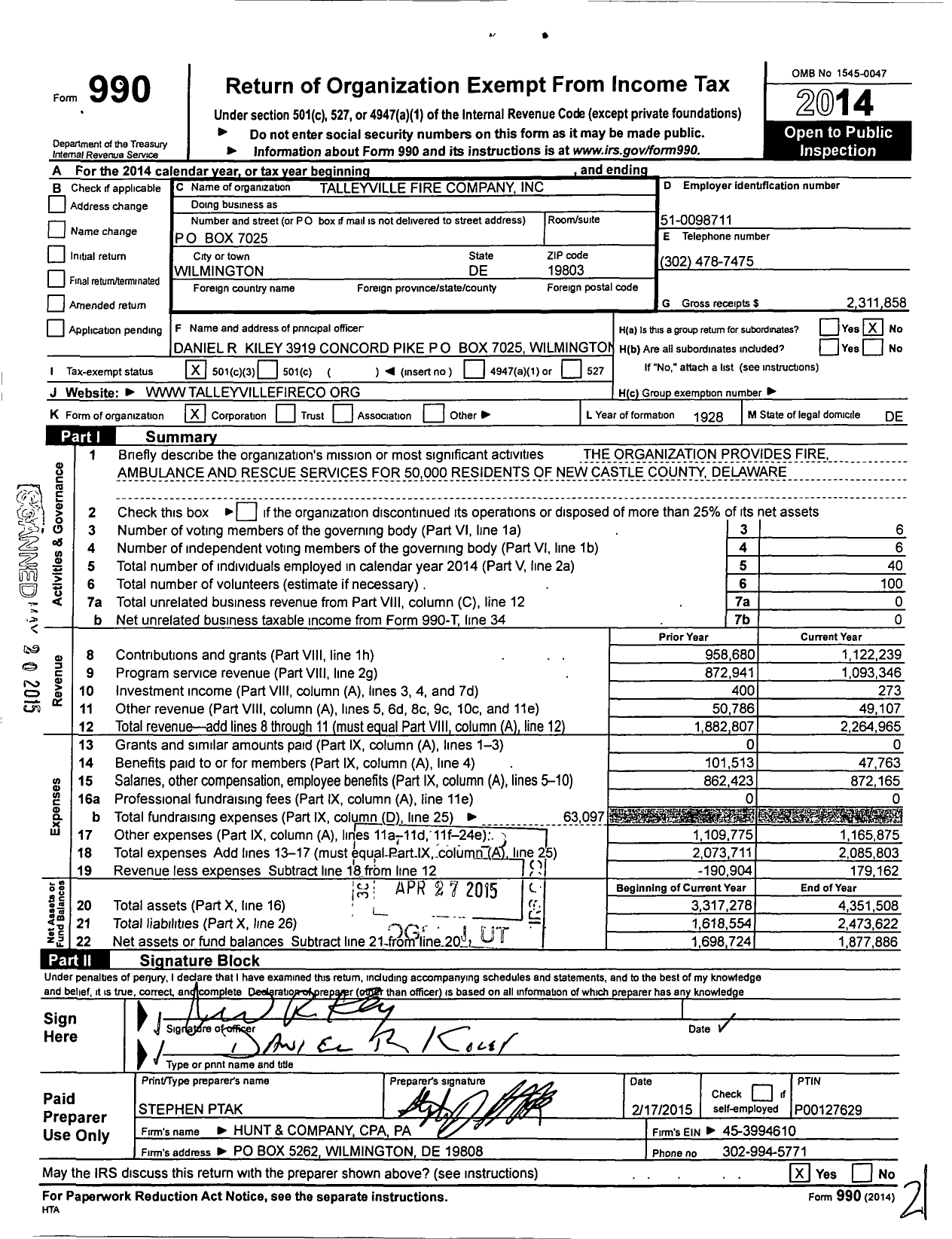 Image of first page of 2014 Form 990 for Talleyville Fire Company