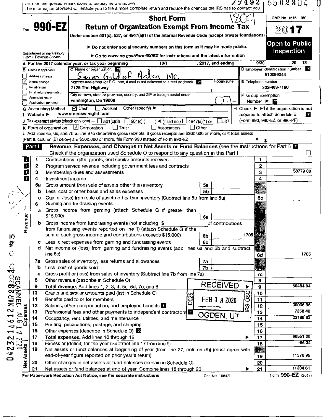 Image of first page of 2017 Form 990EO for Swim Gild of Arden