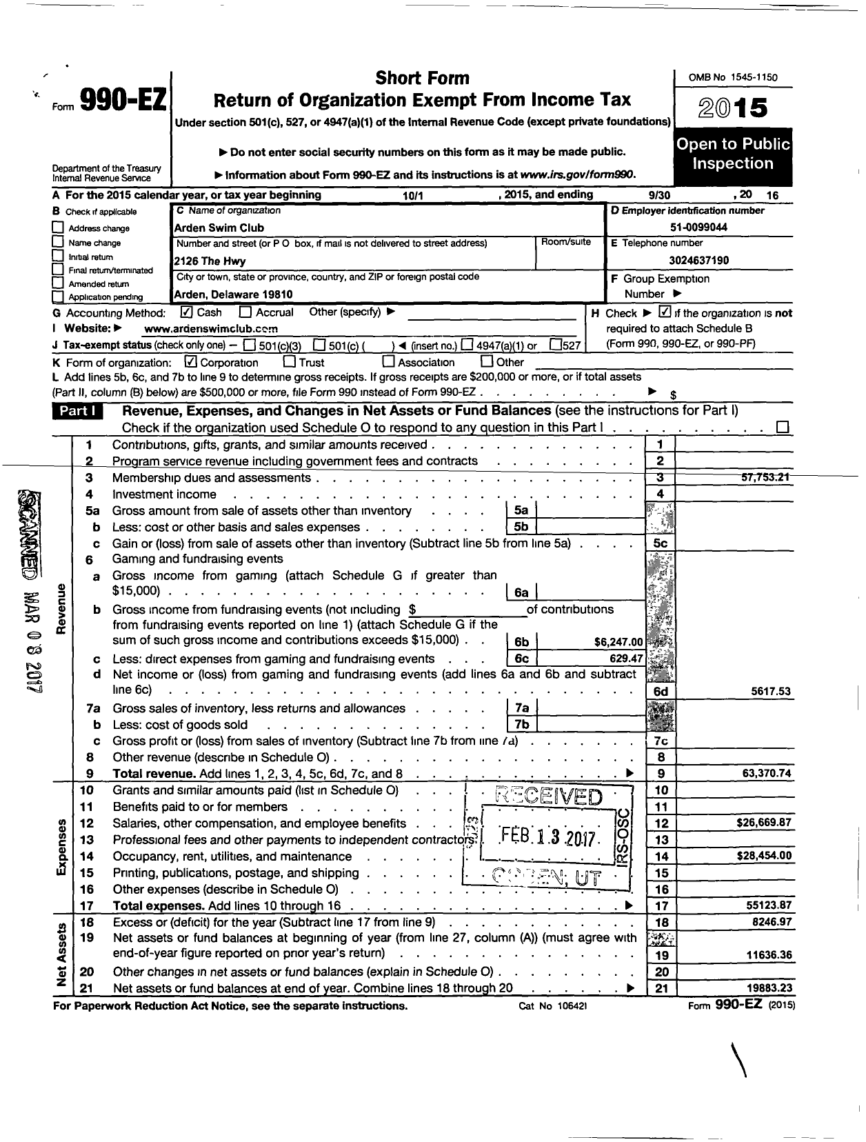 Image of first page of 2015 Form 990EO for Swim Gild of Arden