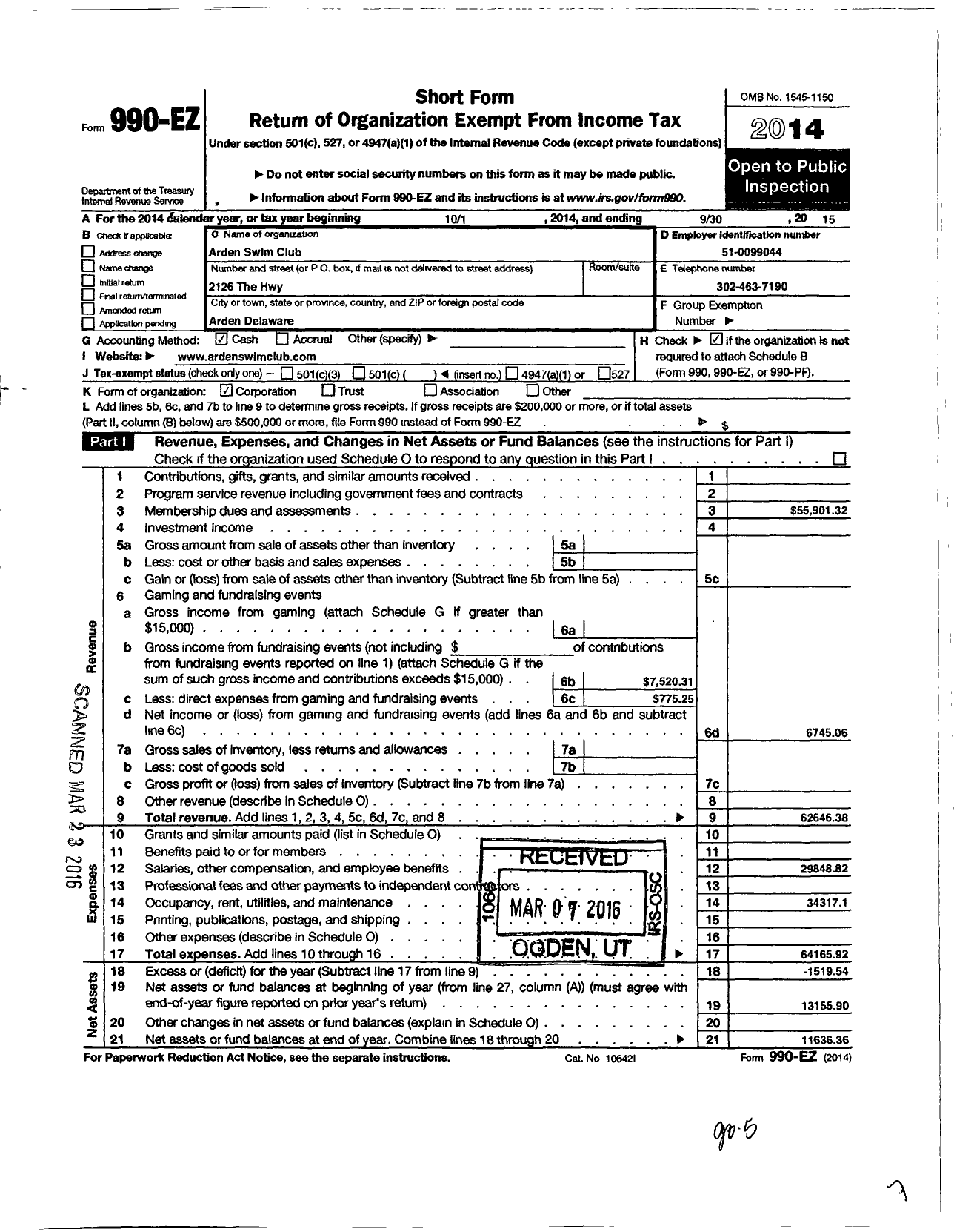 Image of first page of 2014 Form 990EO for Swim Gild of Arden