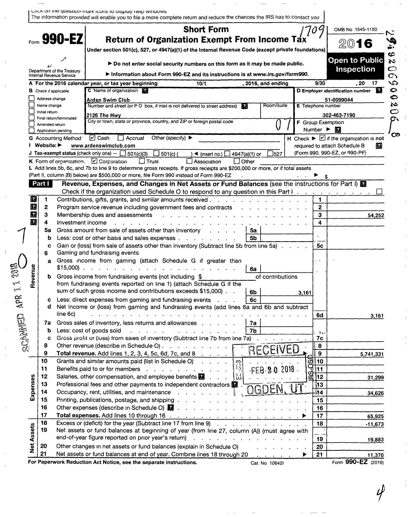 Image of first page of 2016 Form 990EO for Swim Gild of Arden