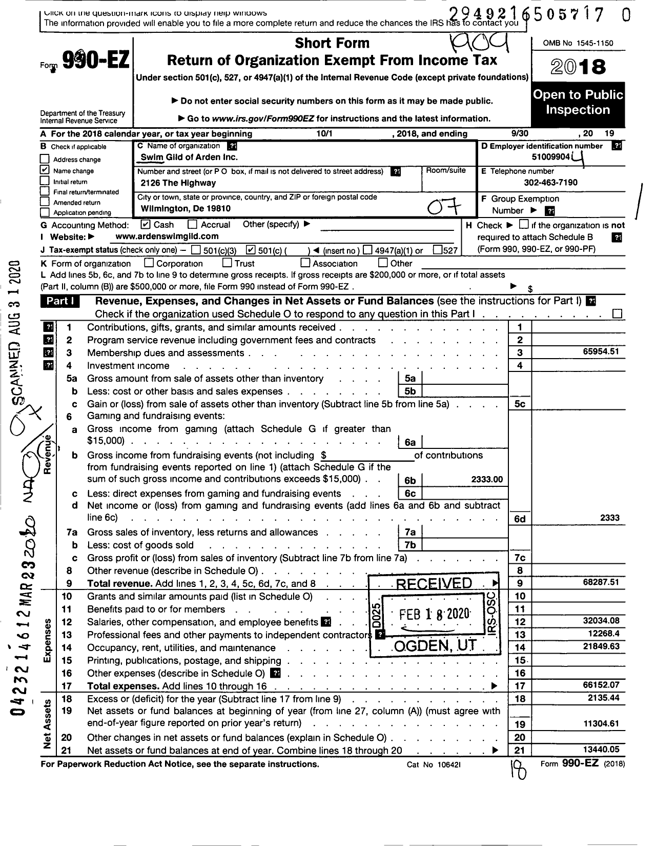 Image of first page of 2018 Form 990EO for Swim Gild of Arden