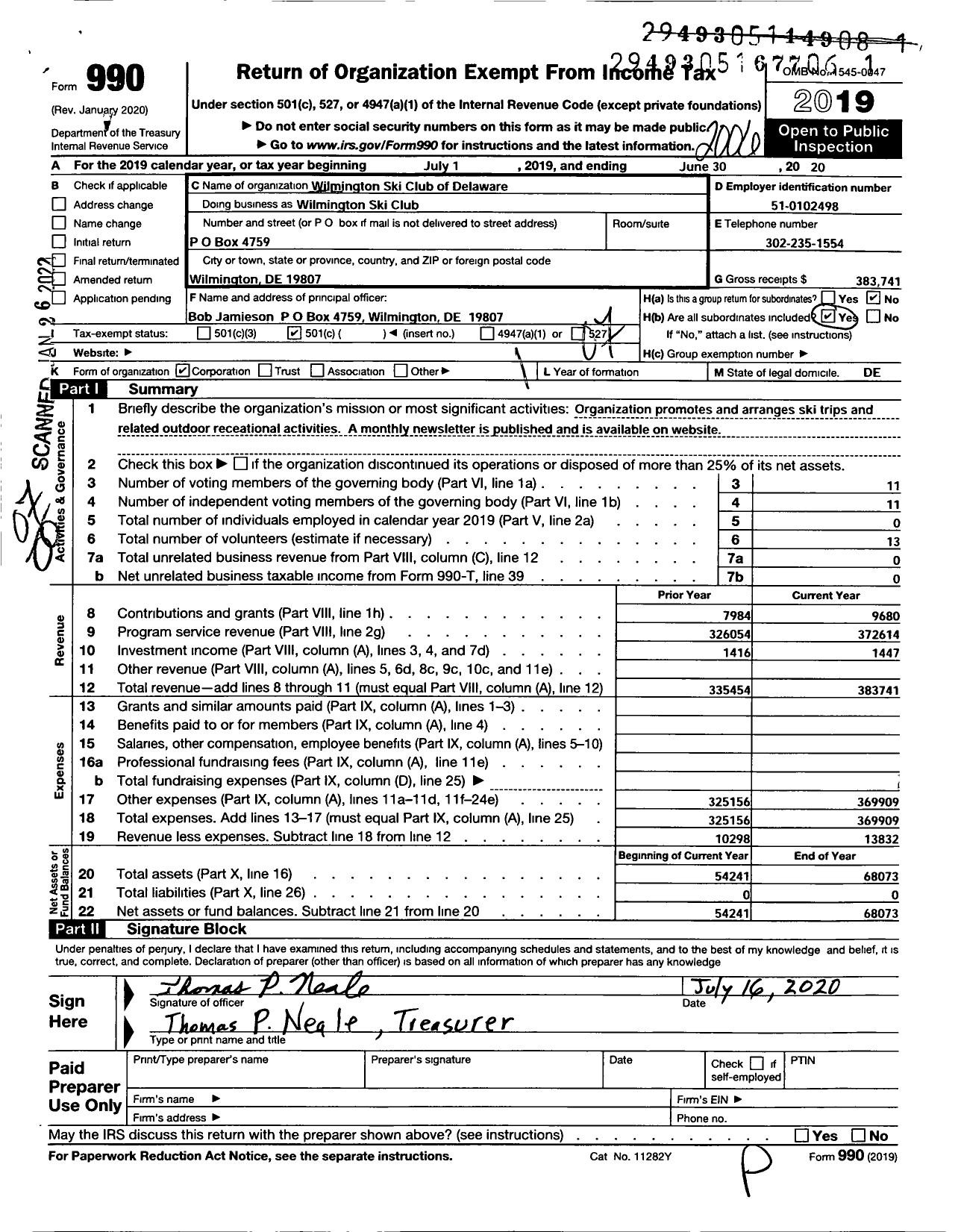 Image of first page of 2019 Form 990O for Wilmington Ski Club