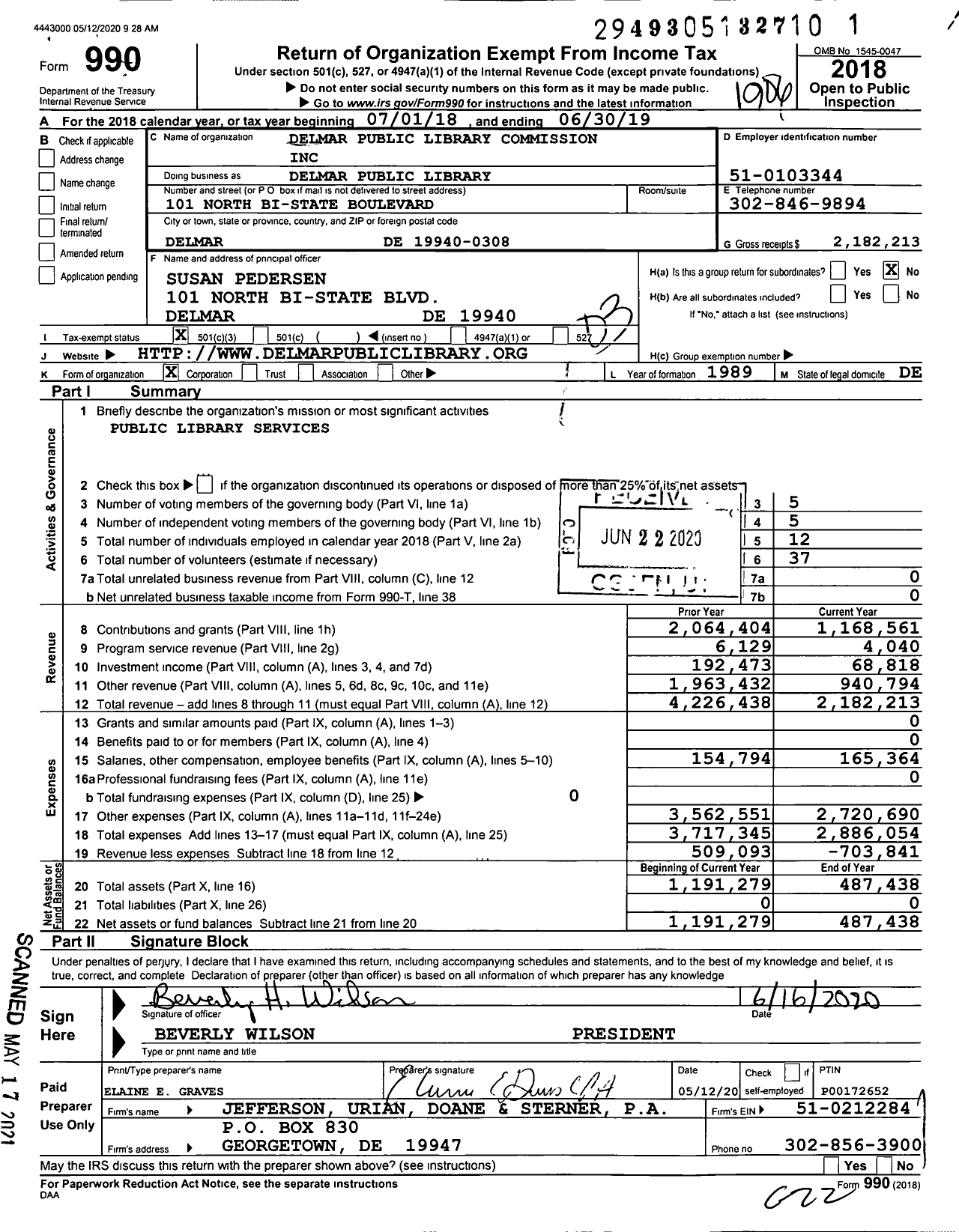 Image of first page of 2018 Form 990 for Delmar Public Library