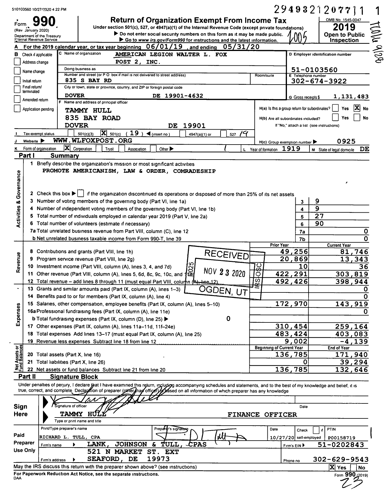 Image of first page of 2019 Form 990O for 2 Walter L Fox