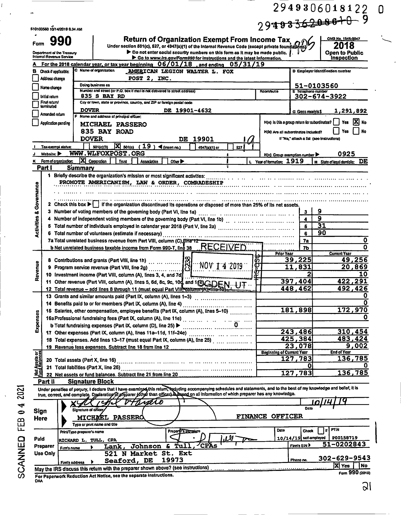 Image of first page of 2018 Form 990O for 2 Walter L Fox