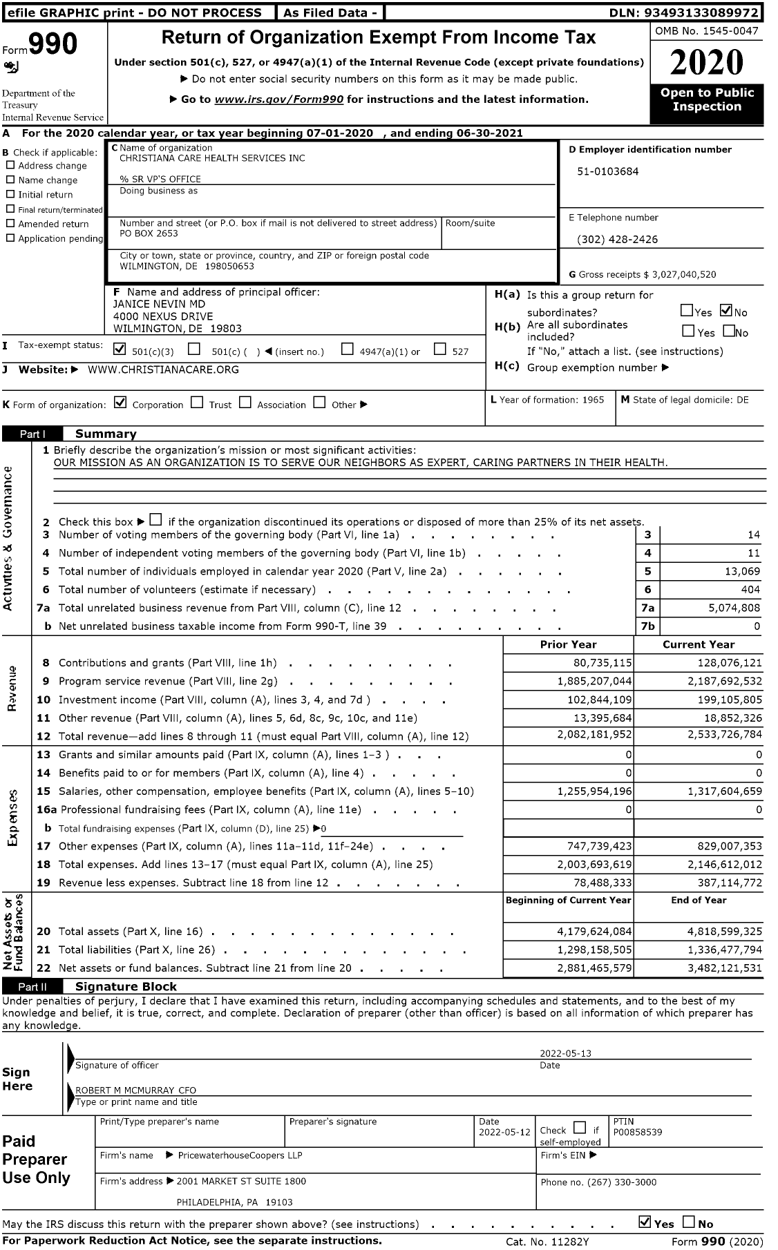Image of first page of 2020 Form 990 for Christiana Care Health Services