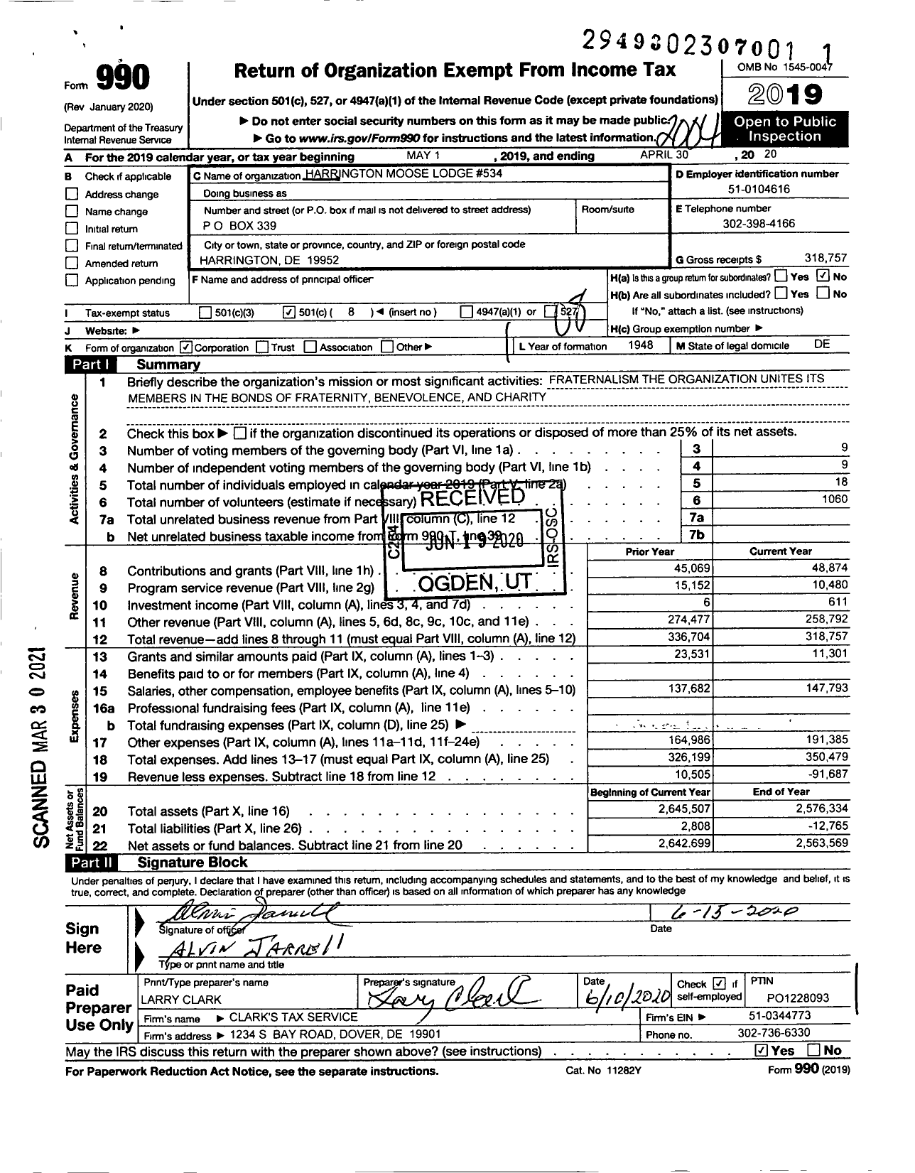 Image of first page of 2019 Form 990O for Loyal Order of Moose - 534