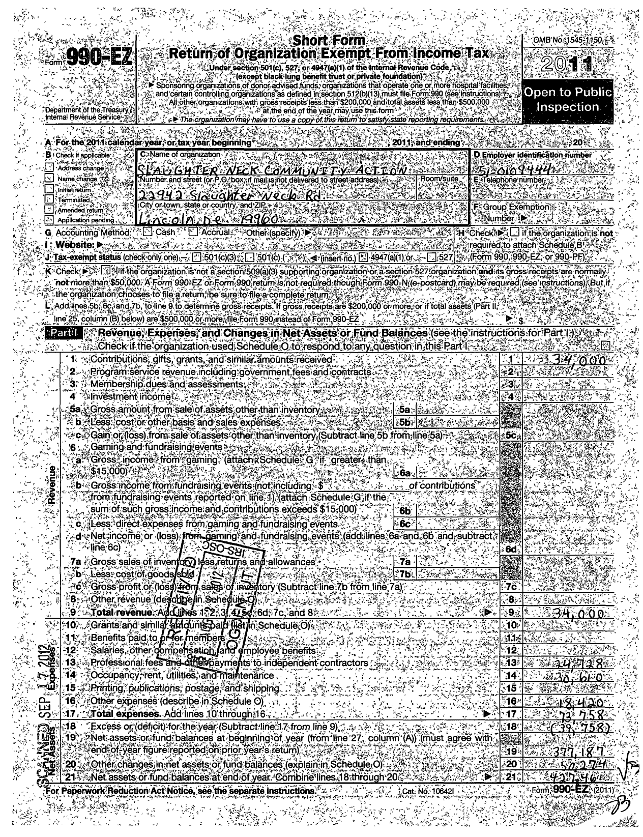 Image of first page of 2011 Form 990EO for Slaughter Neck Community Action Organization